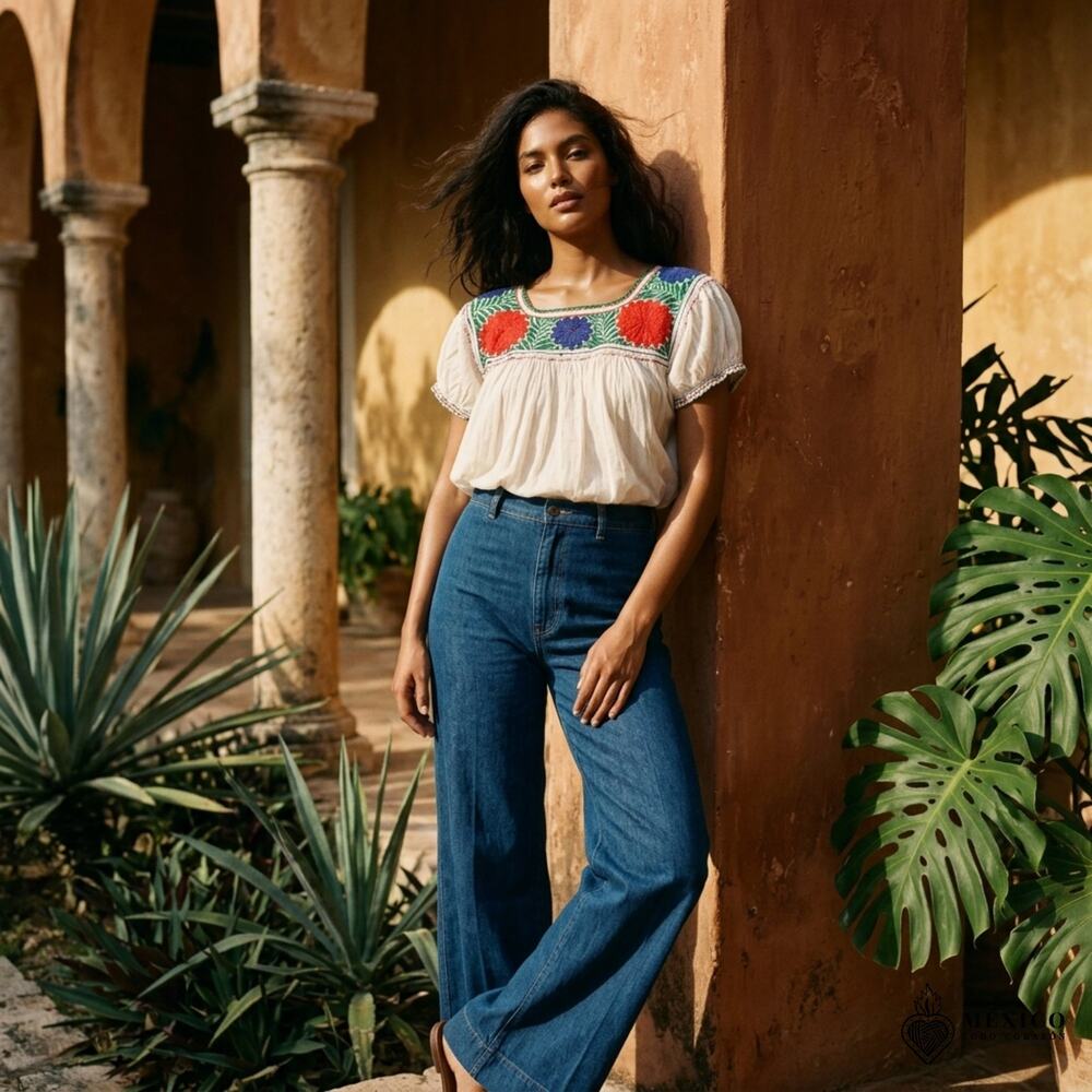 Mexican hand embroidered  Blouse – Handmade (22 in wide 27 inches long